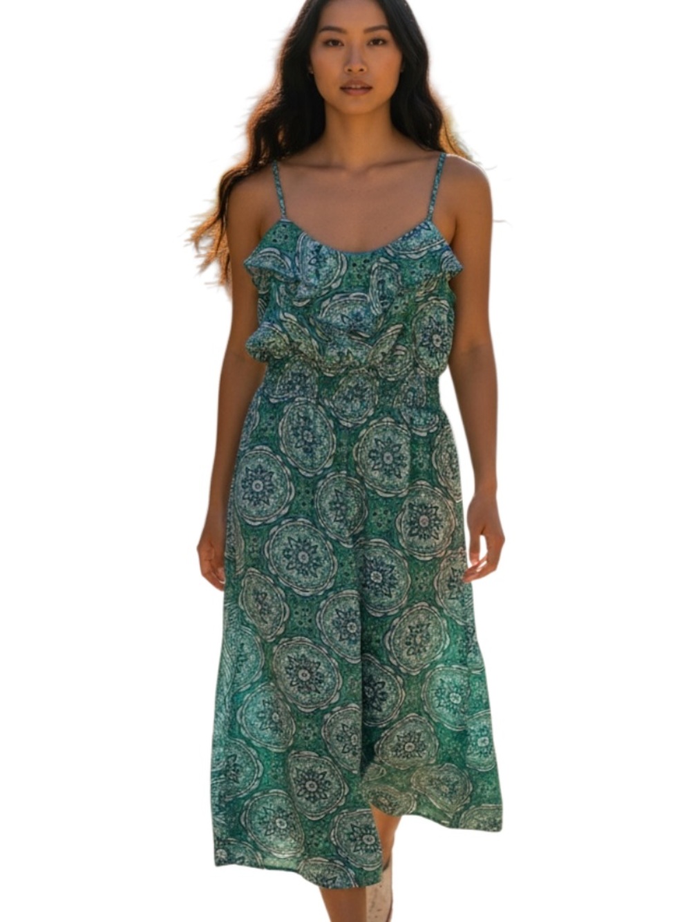 Faded Glory Green Paisley Ruffle Spaghetti-Strap Midi Dress